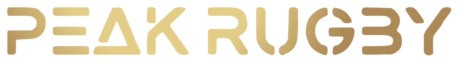 PEAK RUGBY official logo in gold with bold, modern font on a transparent background. Used in brand settings for consistent branding across the website.