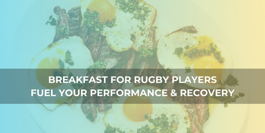 Steak and eggs breakfast with text overlay: ‘BREAKFAST FOR RUGBY PLAYERS – FUEL YOUR PERFORMANCE & RECOVERY