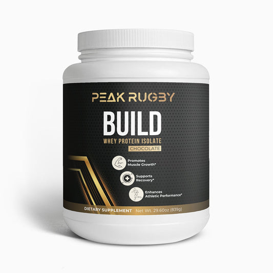 Peak Rugby BUILD whey protein isolate in chocolate flavor, designed for rugby players to enhance recovery and muscle growth.