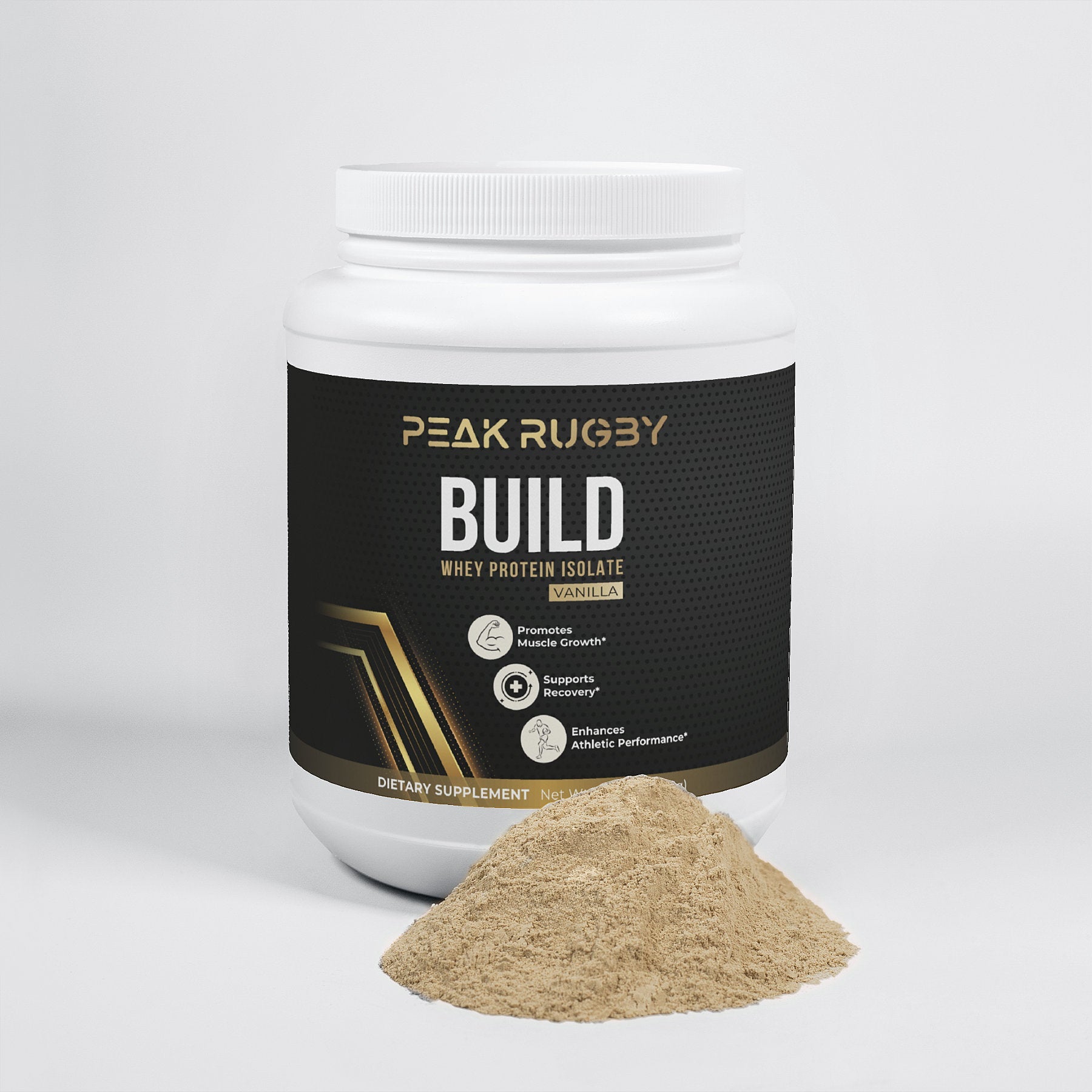 Peak Rugby BUILD whey protein isolate jar with vanilla flavor and powder, ideal for rugby players and muscle building.