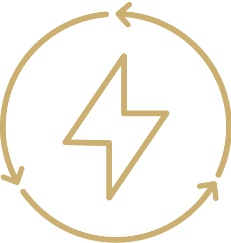 Gold icon with lightning bolt and circular arrows representing energy, recovery, and performance optimization for rugby athletes.