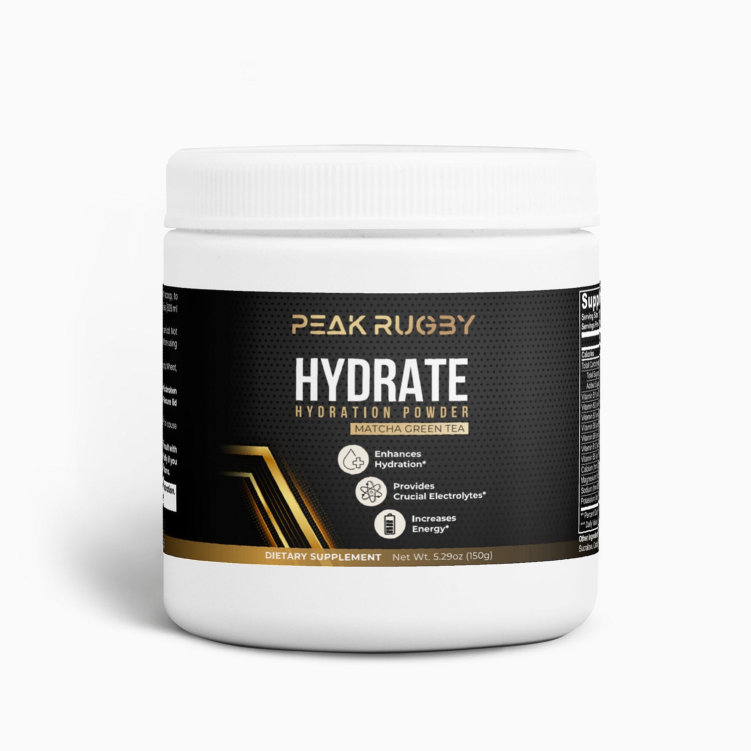 Front view of HYDRATE Hydration Powder container by Peak Rugby, featuring black and gold label with hydration, electrolytes, and energy benefits.