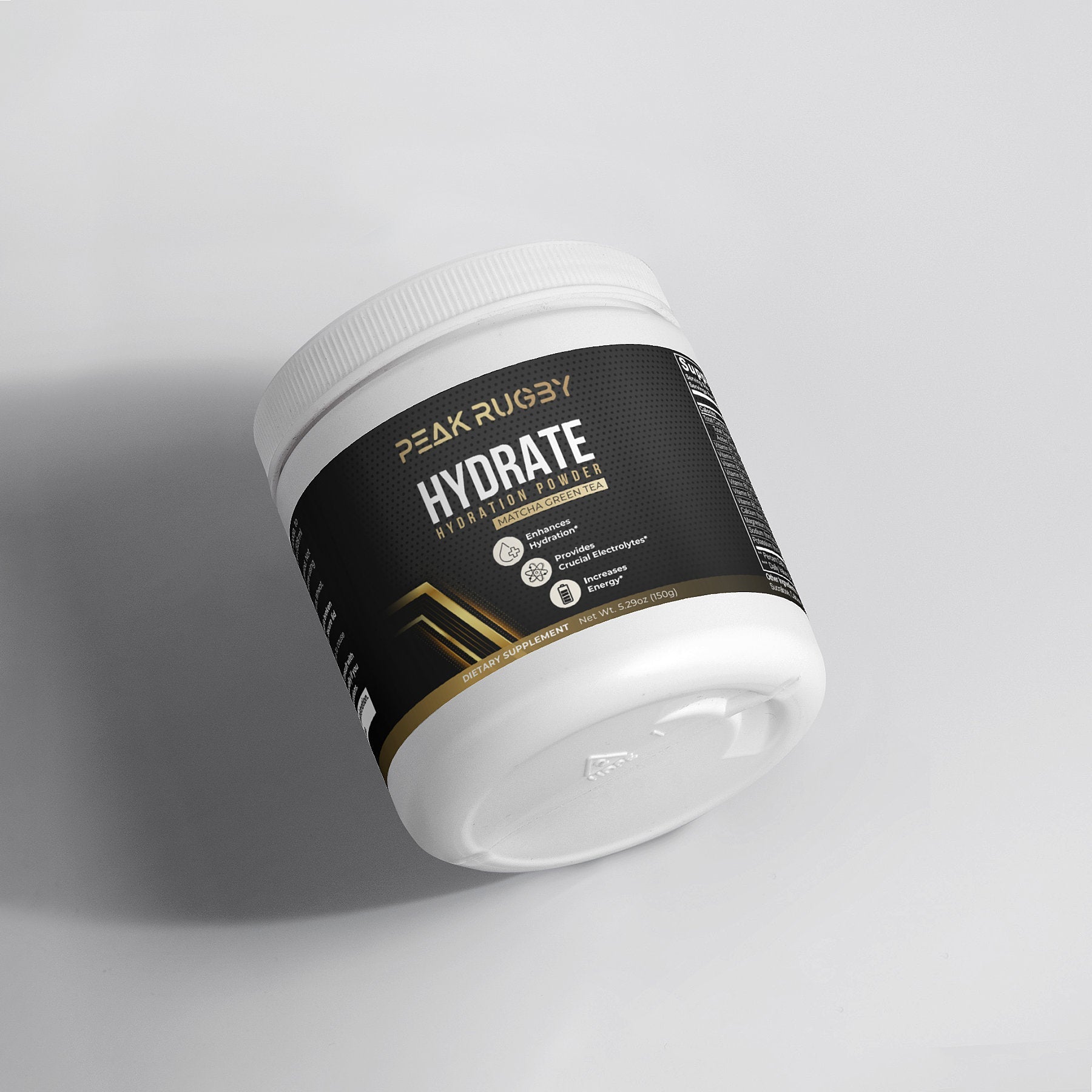 HYDRATE Hydration Powder container by Peak Rugby, showing black and gold label with benefits like hydration support, electrolytes, and energy boost.