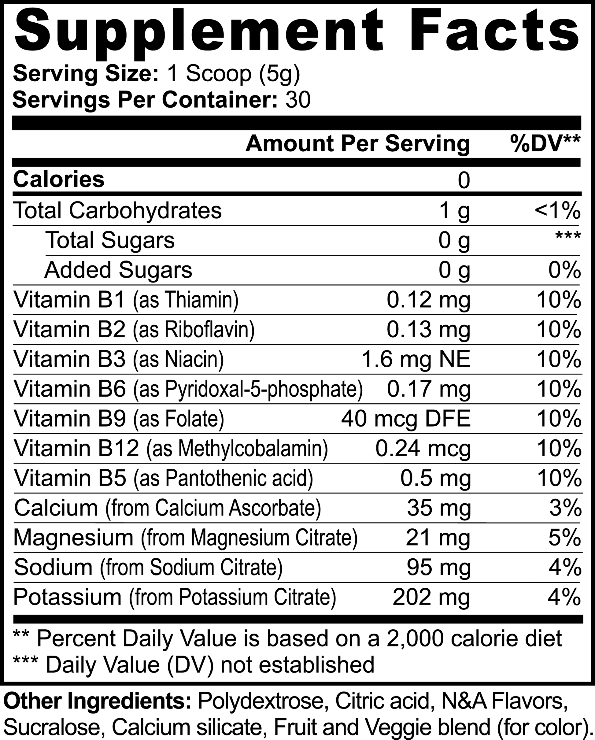 Supplement facts label for HYDRATE Hydration Powder by Peak Rugby, showing vitamins, electrolytes, and minerals per 5g serving with 30 servings per container.