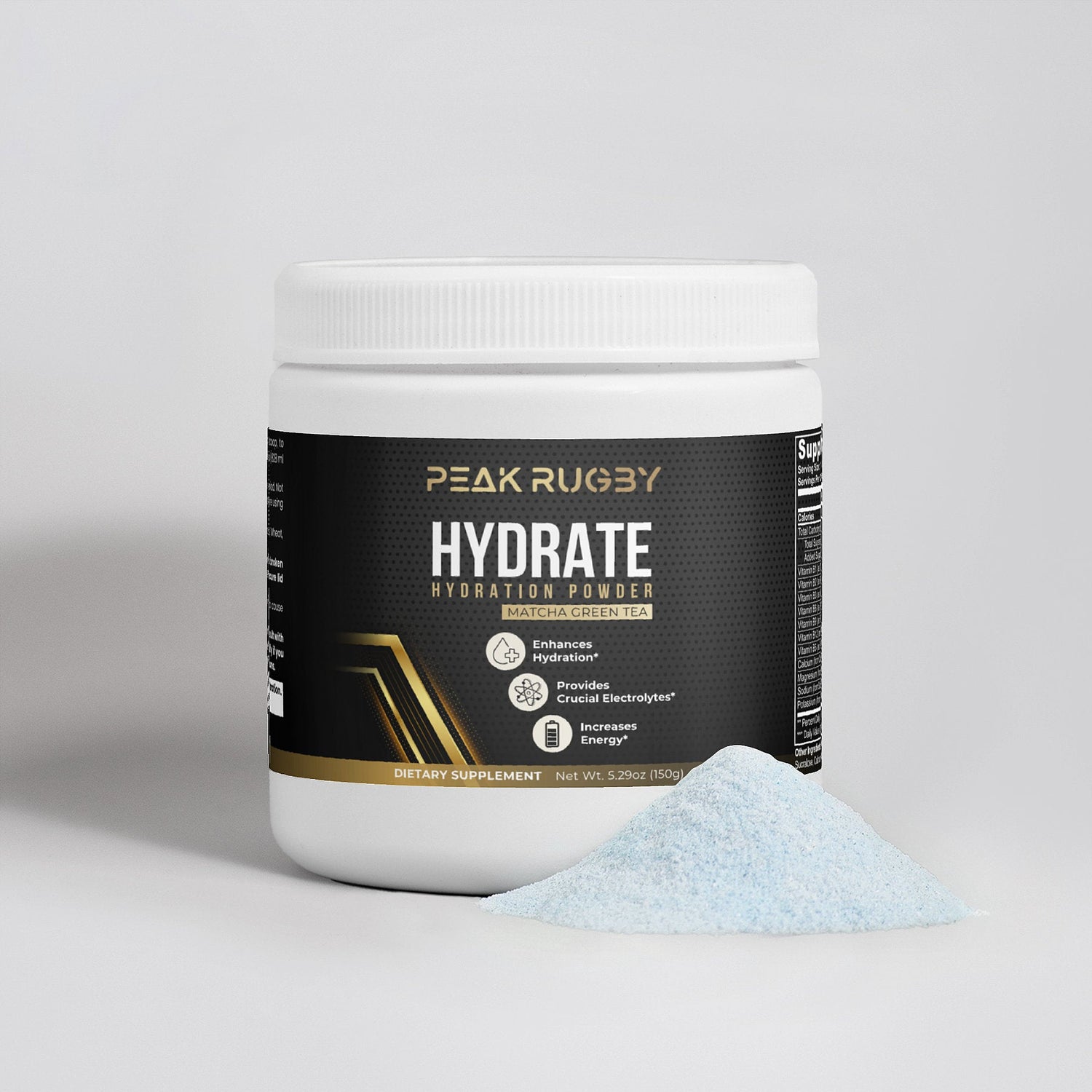 HYDRATE Hydration Powder container by Peak Rugby, featuring black and gold label with blue electrolyte powder displayed in front, promoting hydration and energy support.