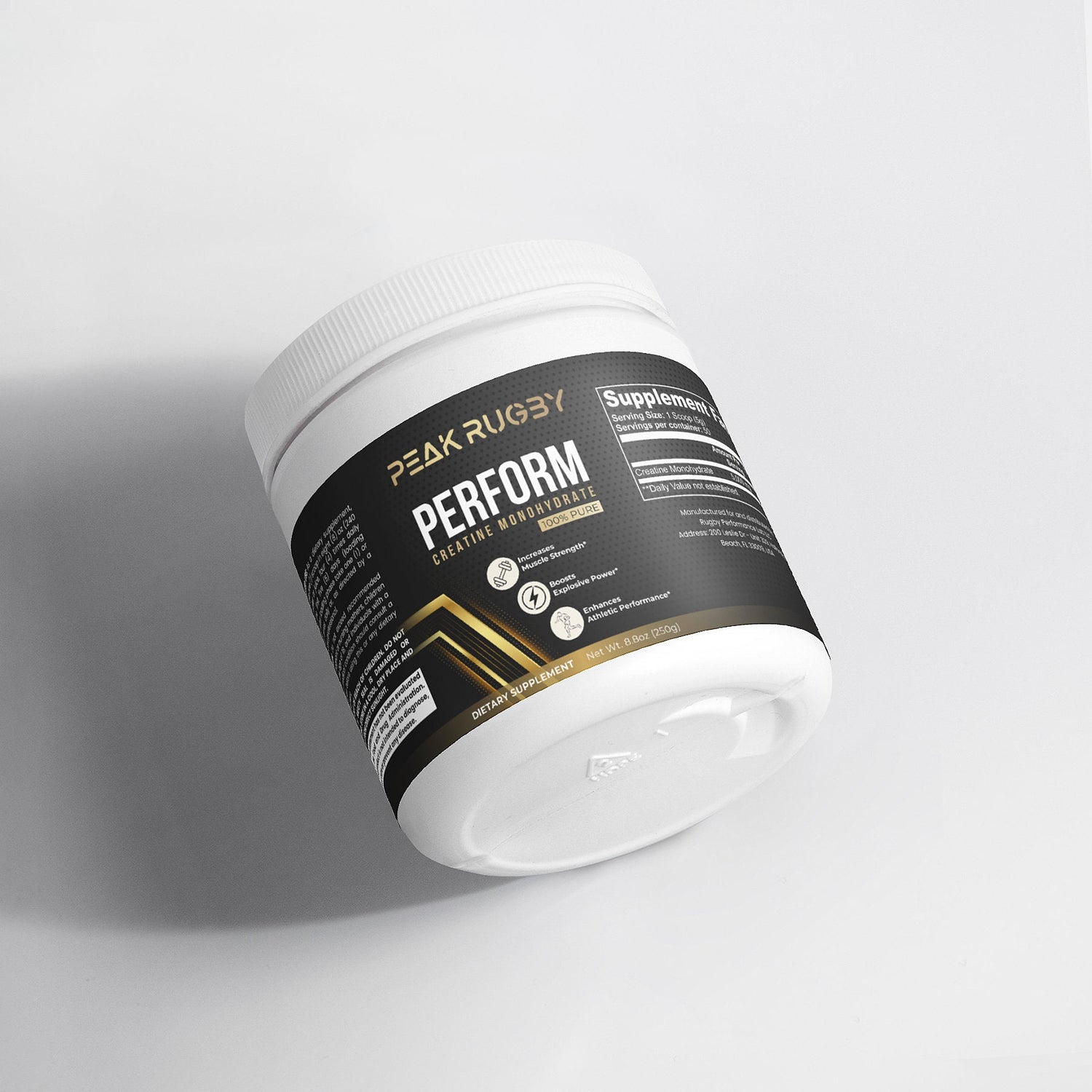 Product image of PERFORM Creatine Monohydrate by Peak Rugby, showing black and gold container designed to enhance strength and athletic performance.