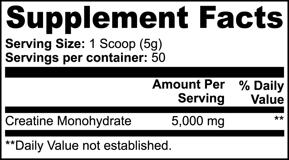  Supplement facts label for PERFORM Creatine Monohydrate, showing 5g serving size, 50 servings per container, and 5,000mg of creatine monohydrate per serving