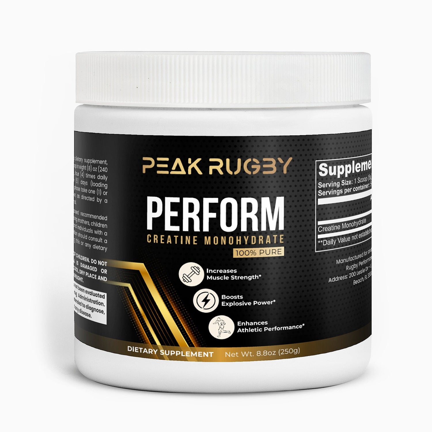 Close-up image of PERFORM Creatine Monohydrate container by Peak Rugby, featuring black and gold label highlighting muscle strength, power, and performance benefits