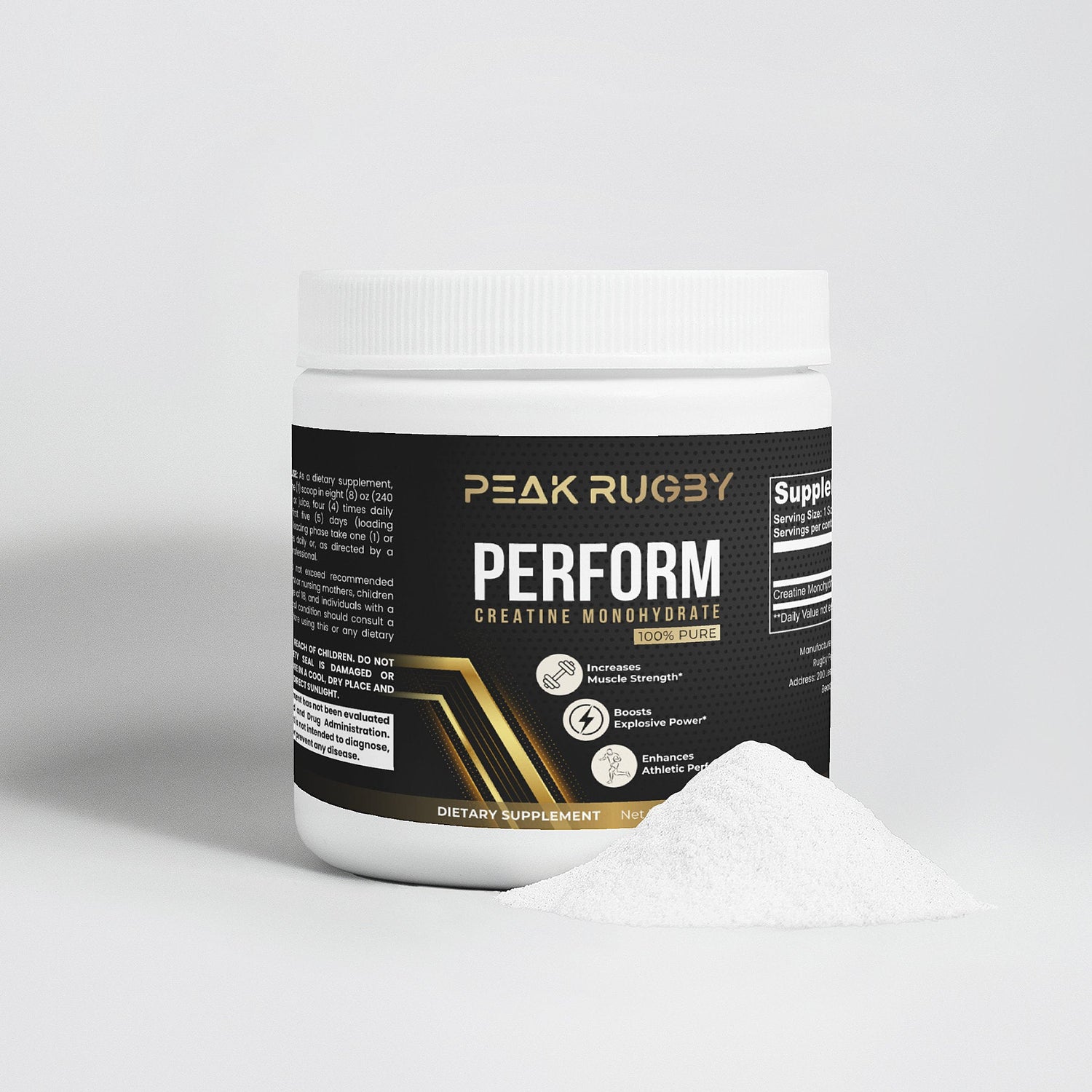 PERFORM Creatine Monohydrate supplement container by Peak Rugby, featuring black and gold label with white powder displayed in front.