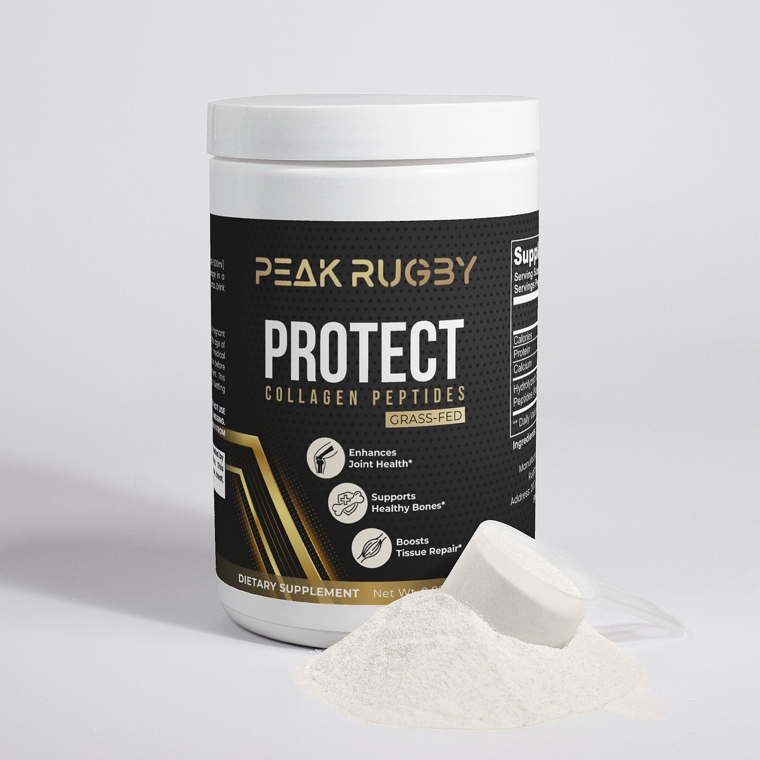 PEAK RUGBY PROTECT Collagen Peptides container with Grass-Fed label. Features benefits: enhances joint health, supports healthy bones, and boosts tissue repair. Displayed with a scoop of collagen powder on a white background.