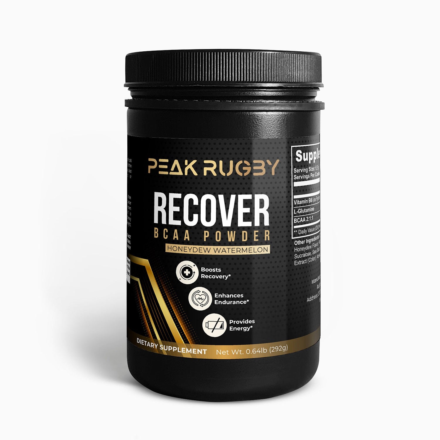 Peak Rugby RECOVER BCAA Powder in Honeydew Watermelon flavor, designed for rugby athletes' recovery and lean muscle growth.