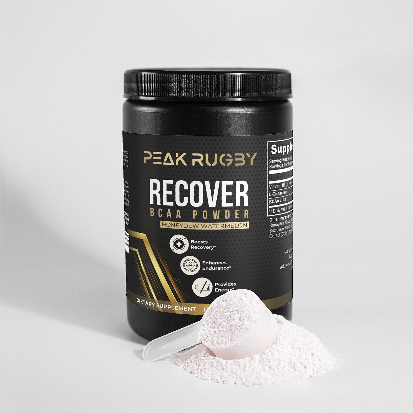 PEAK RUGBY RECOVER BCAA Powder in Honeydew Watermelon flavor. Product displayed with a black container, supplement details on the label, and a scoop of white powder placed in front of it.