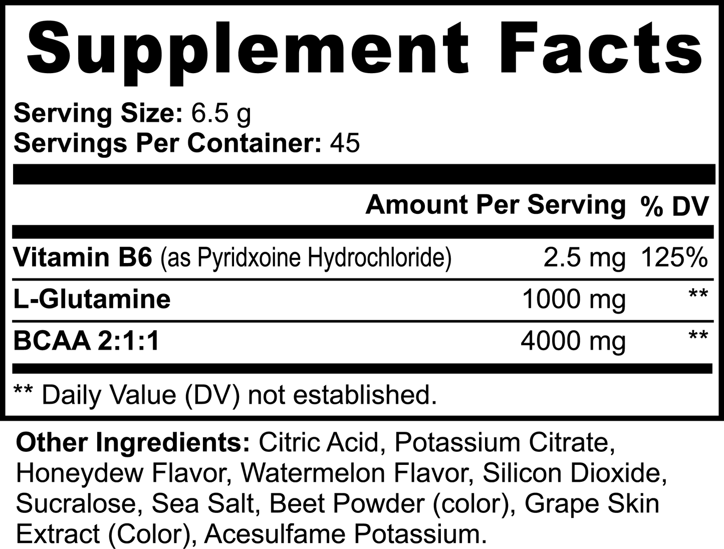 Supplement Facts for RECOVER BCAA Powder by PEAK RUGBY. Includes serving size, Vitamin B6, L-Glutamine, BCAA 2:1:1 ratio, and a detailed list of other ingredients like citric acid, honeydew flavor, and beet powder.